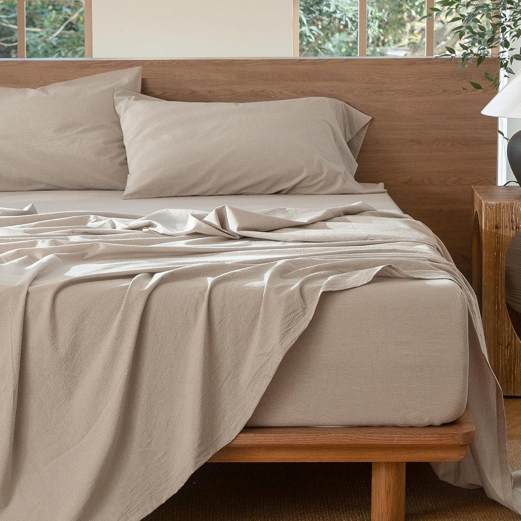 MooMee Bedding Sheet Set 100% Washed Cotton Linen Like Textured Breathable Durable Soft Comfy (Heathered Tannish Linen Grey, King)