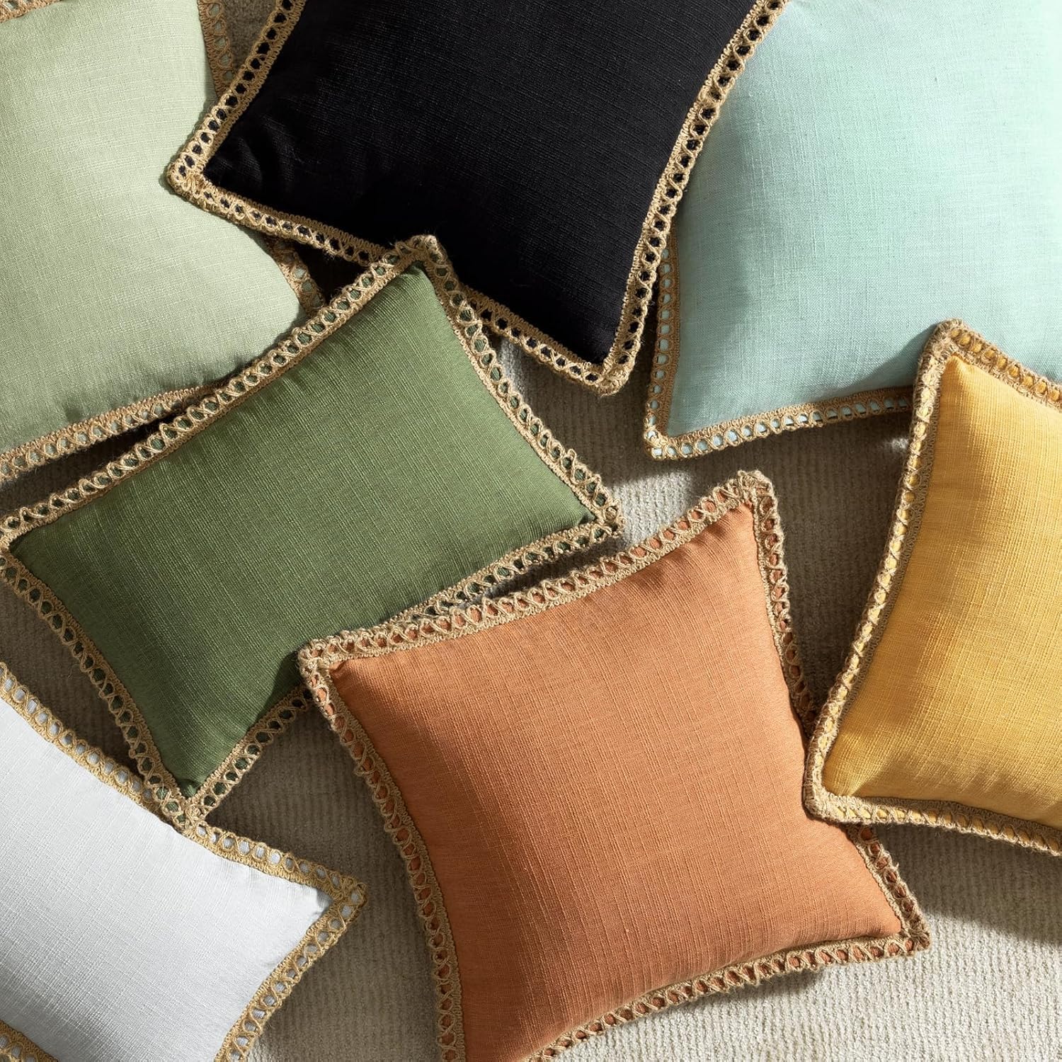 Phantoscope Pack of 2 Farmhouse Decorative Solid Pillow Cover Burlap Linen Trimmed Tailored Edges, Black, 24 x 24 inches, 60 x 60 cm