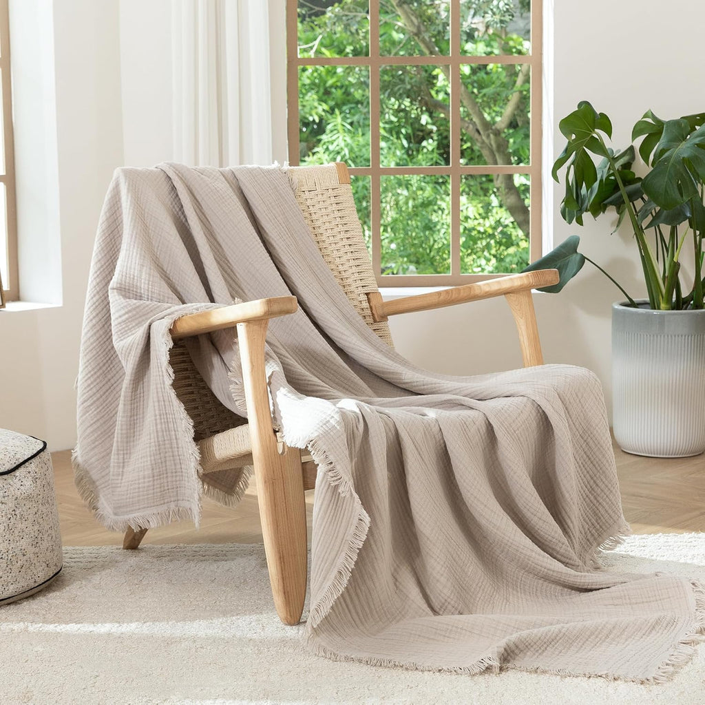 MooMee Muslin Blanket - 100% Cotton 4-Layer Gauze Throw Blanket with All-Around Fringe, Soft Breathable Lightweight Cooling Summer Blankets for Bed Couch (Cream Grey,Super King 108" x 98")