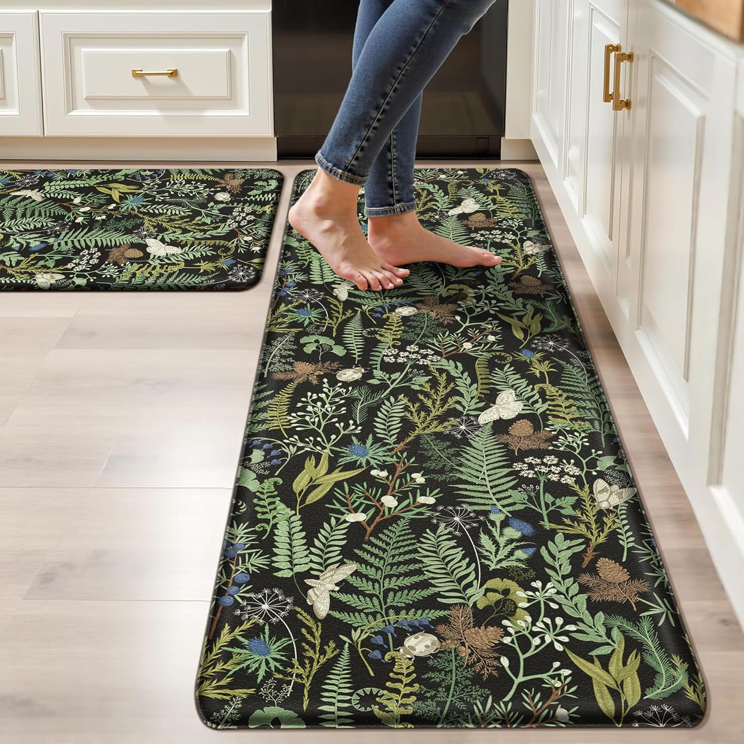 Black Green Botanical 2-Piece Anti Fatigue Kitchen Rug Set