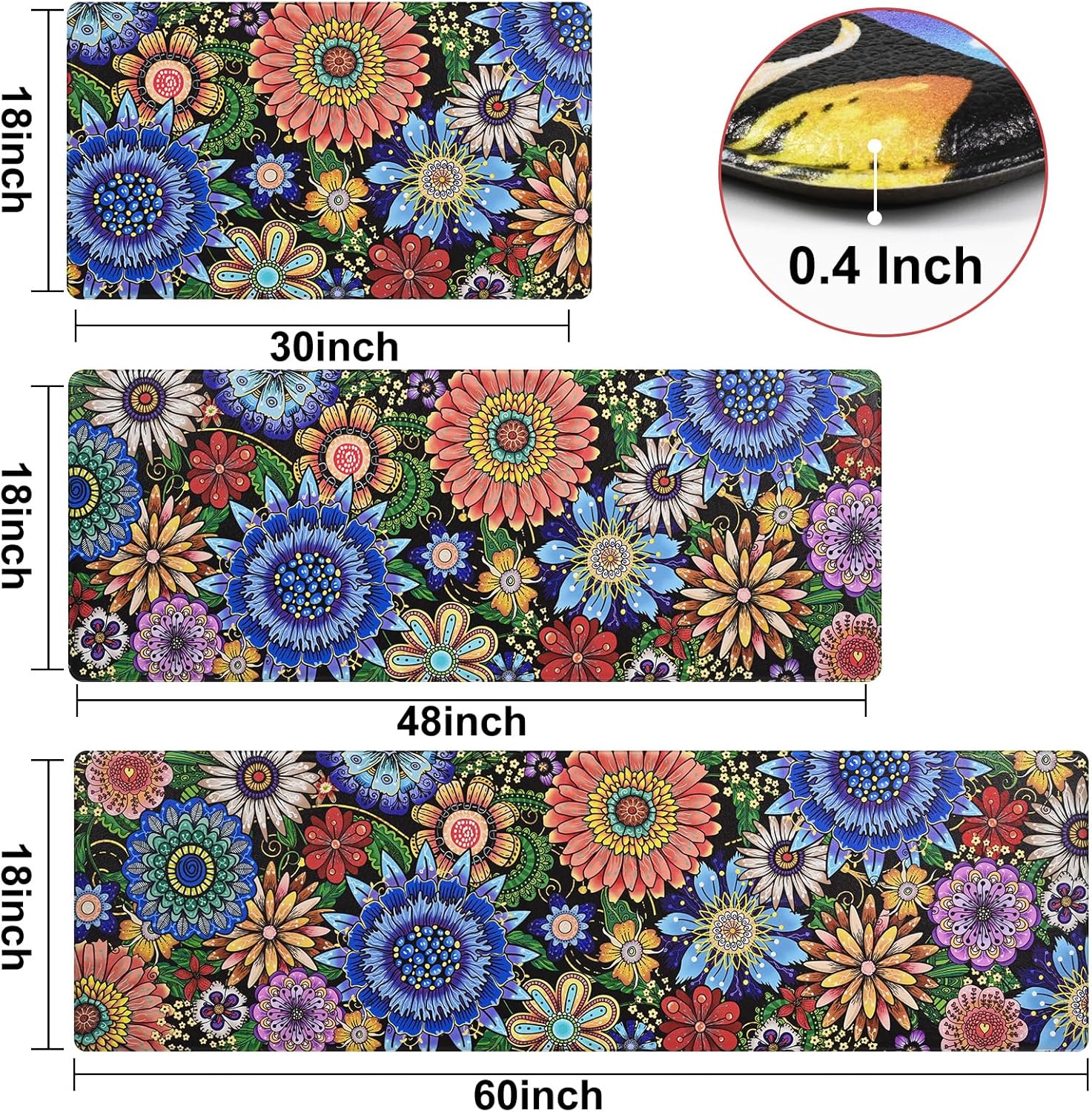 Boho Floral 3-Piece Anti Fatigue Kitchen Rug Set